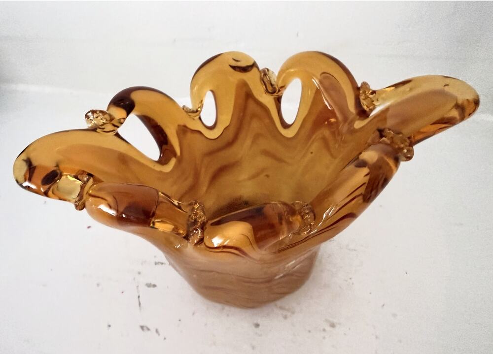 Vintage Murano Art Glass Amber Freeform Bowl Lavorazione Arte Italy Tulip Rim